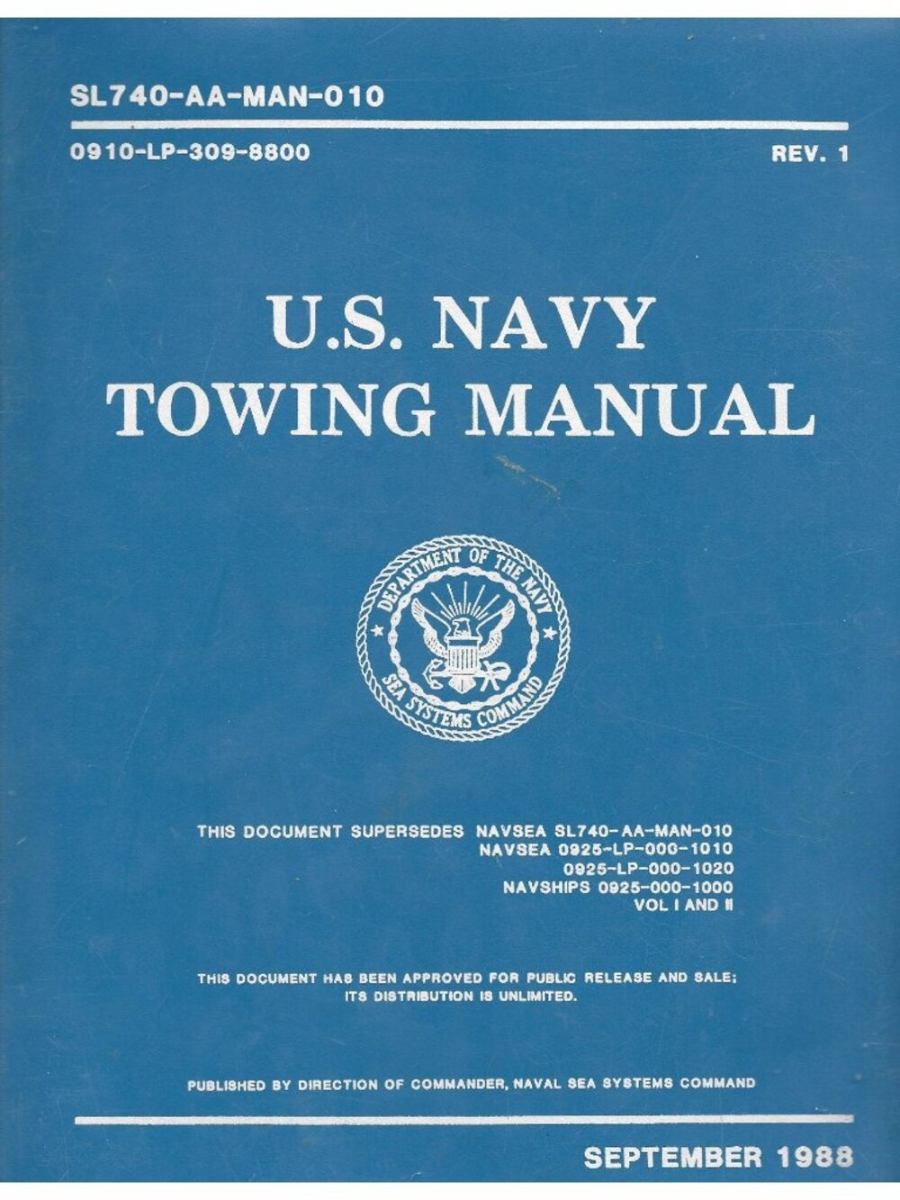 1988 U.S. Navy Towing Manual SL740-AA-MAN-010 Rev 1 NAVSEA Binder Military